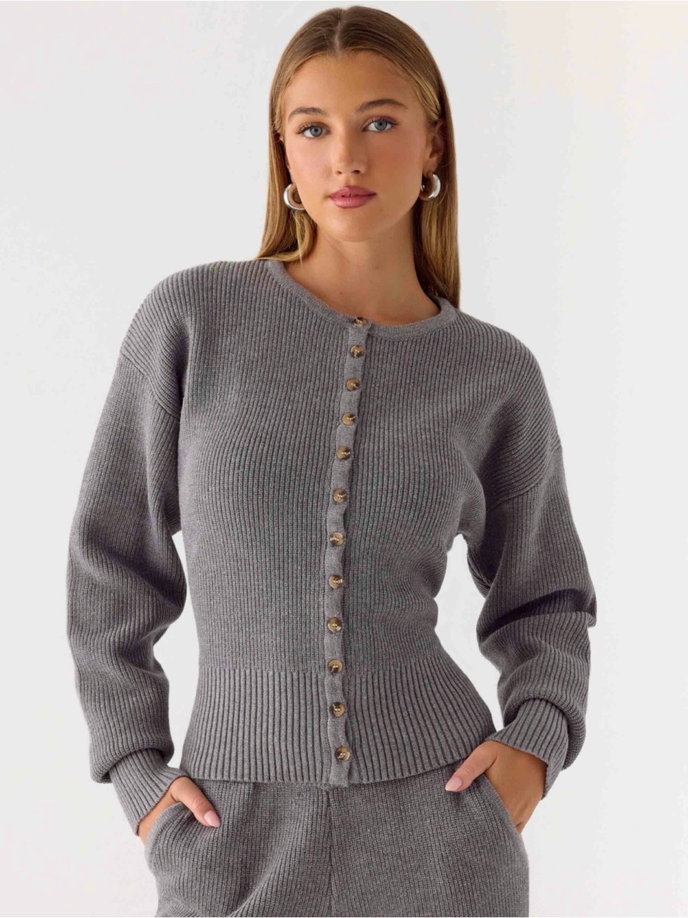 NWOT Peppermayo Women's Grey Ribbed Button-Front Sweater Tie Back